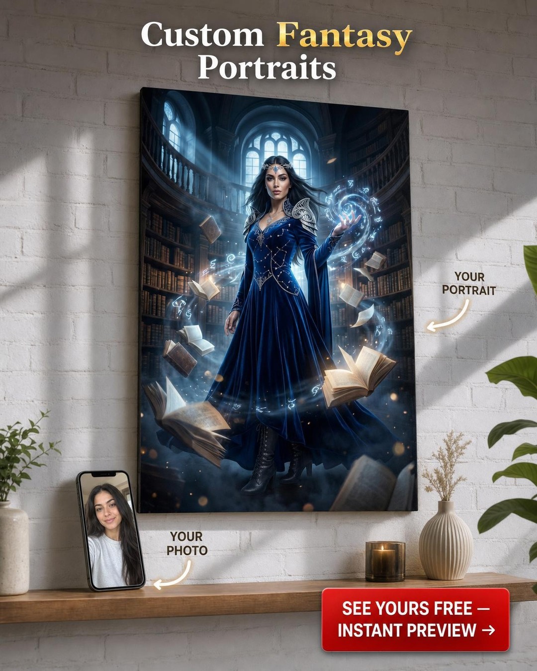 Custom Fantasy Woman Portrait — Heroic Enchantress Canvas from Photo