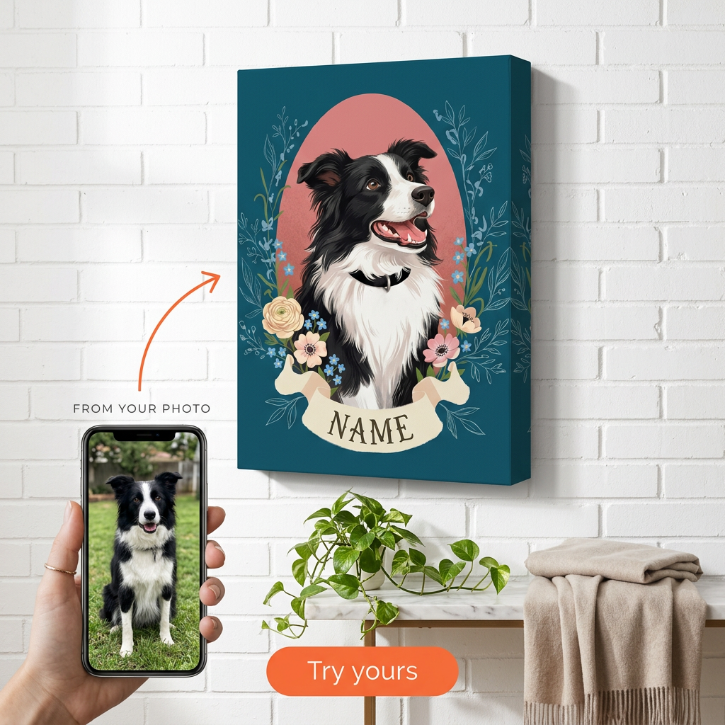 Custom Dog Pet Portrait — Whimsical Floral Canvas from Photo
