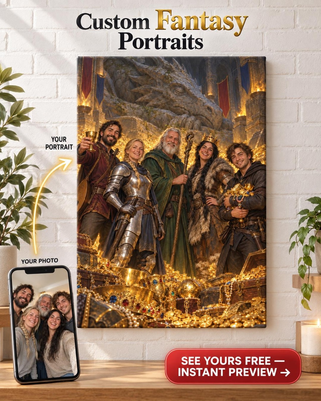 Adventuring Party Treasure Custom Portrait from Photo | Personalized Tabletop Fantasy Portrait Gift