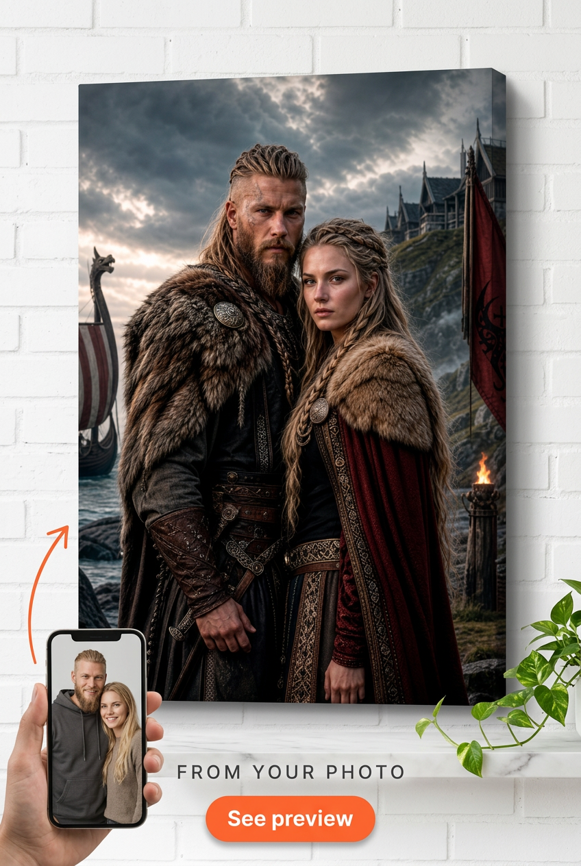 Custom Viking Couple Portrait — Heroic Canvas from Photo