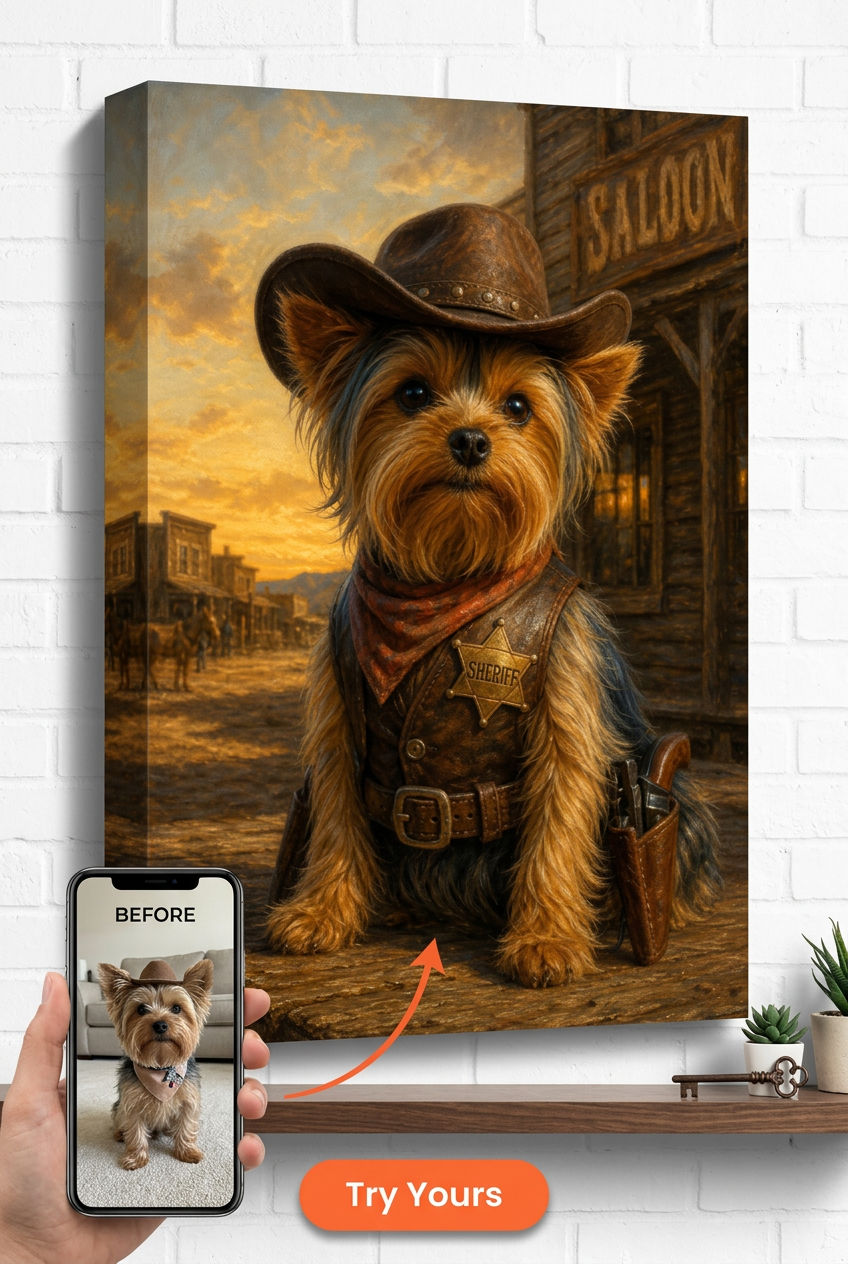 Custom Cowboy Dog Portrait — Whimsical Pet Canvas Art