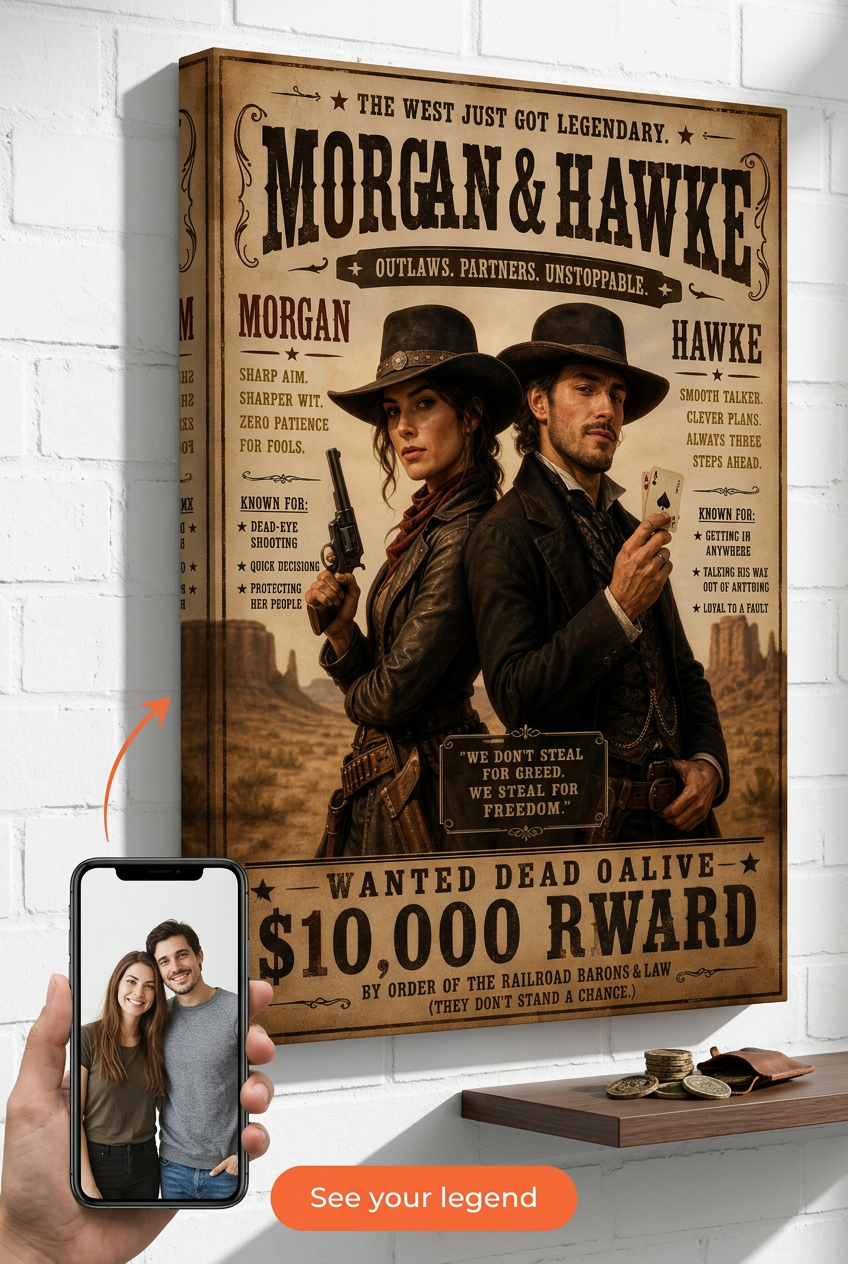 Custom Cowboy Couple Portrait — Wild West Heroic Canvas