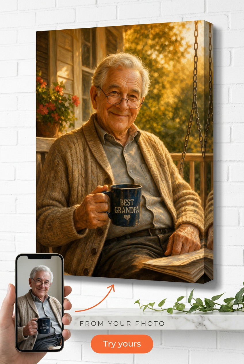 Custom Family Multi-Gen Portrait — Serene Grandpa Canvas from Photo