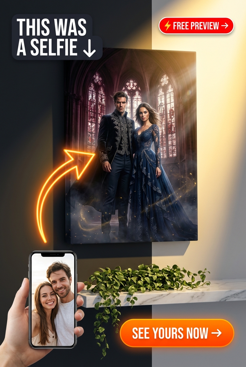 Custom Gothic Couple Portrait — Regal Castle Canvas from Photo