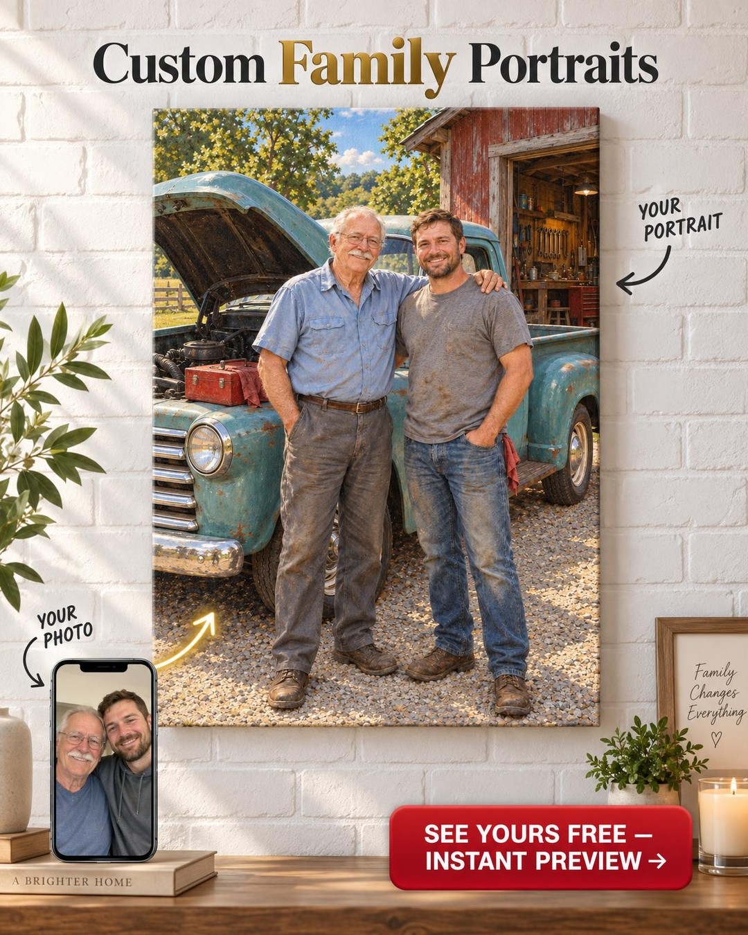 Dad and Me Old Pickup Truck Custom Portrait from Photo | Personalized Pickup Truck Canvas Gift