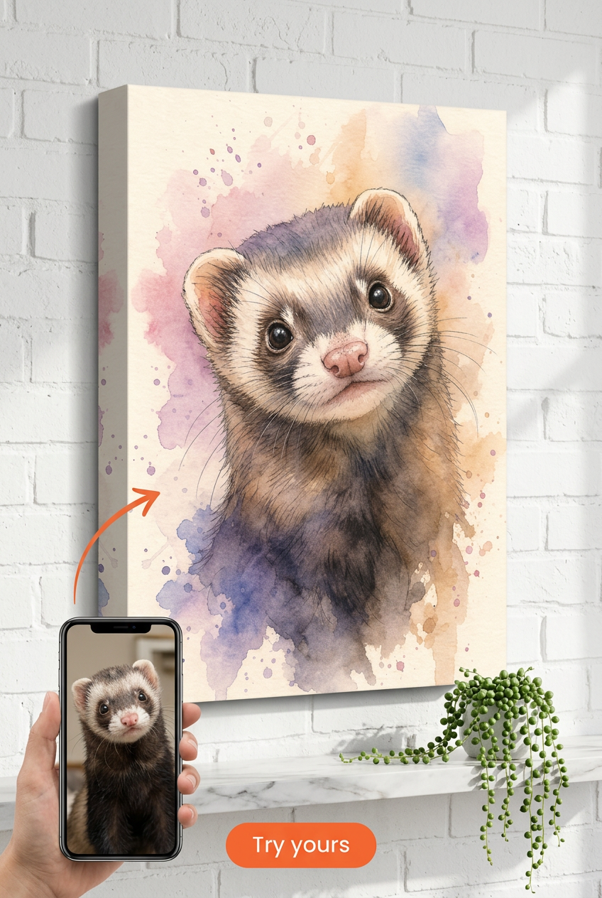 Custom Watercolor Pet Portrait — Whimsical Ferret Canvas Wall Art