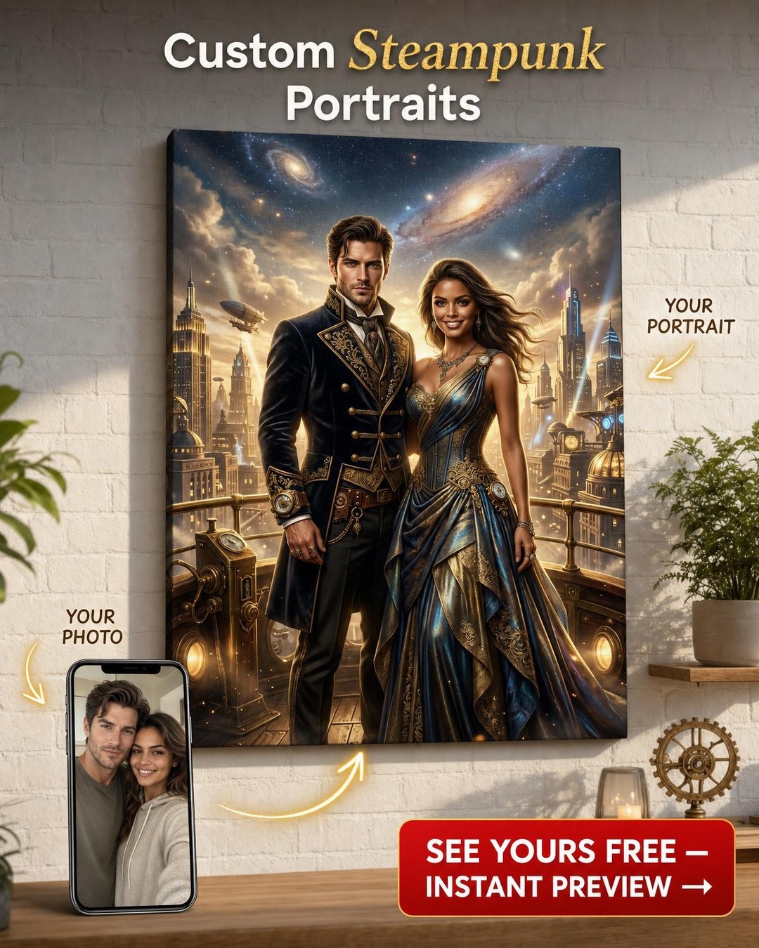 Custom Steampunk Couple Portrait — Romantic City Skyline Canvas
