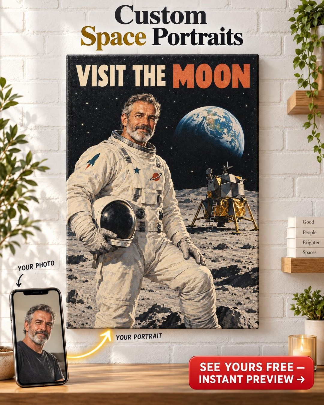 Vintage Moon Travel Poster Custom Portrait from Photo | Personalized Retro Space Portrait Gift