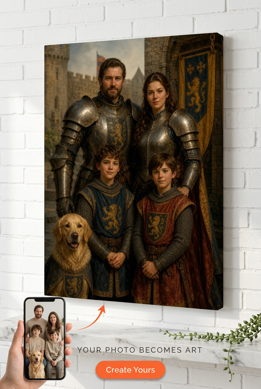 Custom Knight Family Portrait — Regal Armor & Castle Canvas