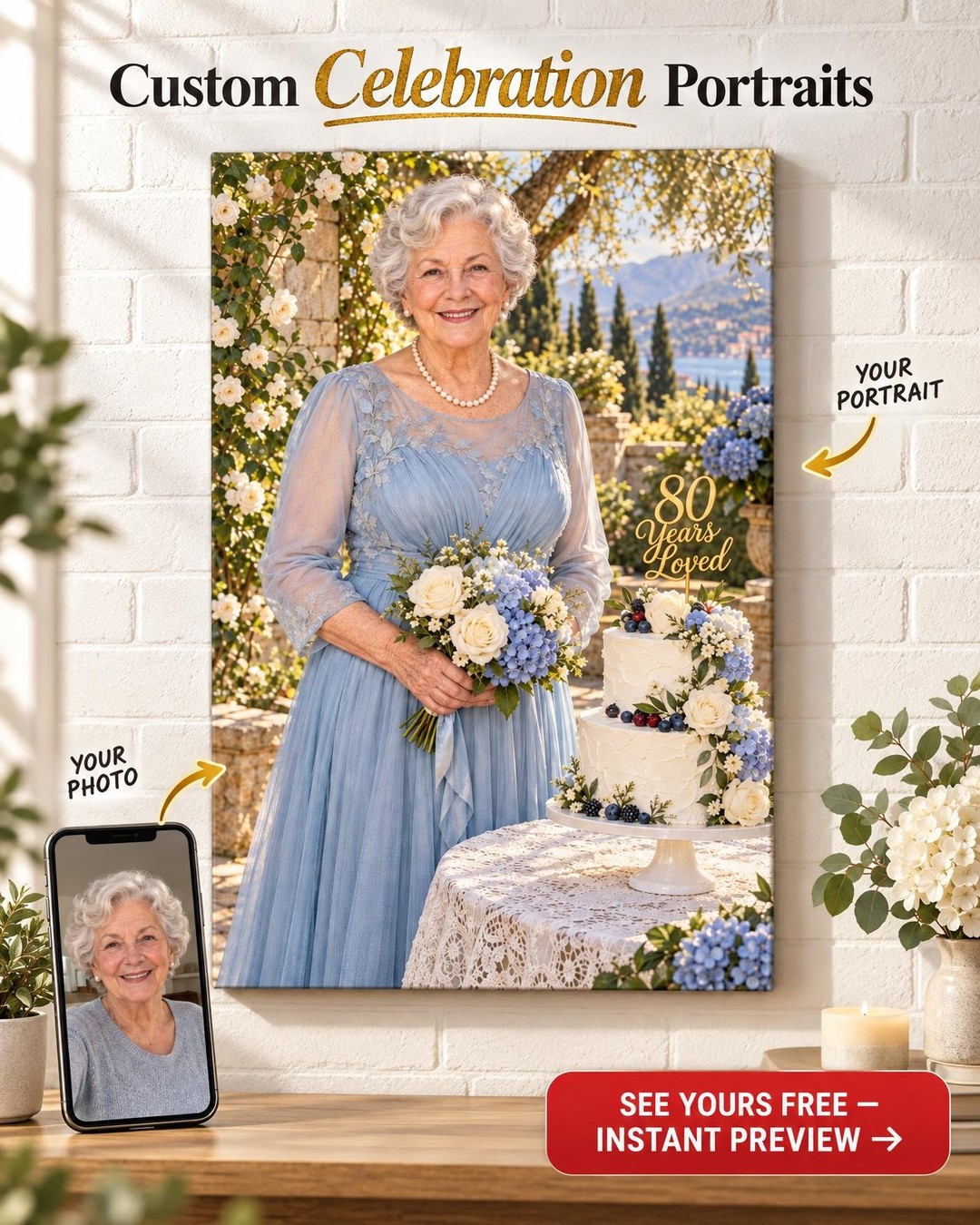 Years Loved Garden Birthday Custom Portrait from Photo | Milestone Birthday Gift