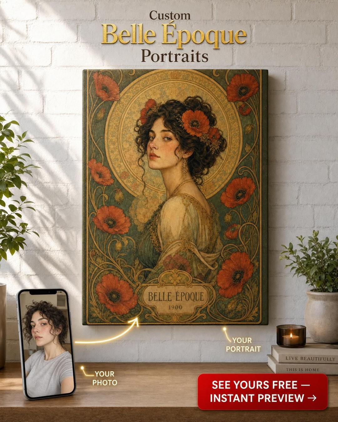 Poppy Garland Art Nouveau Custom Portrait from Photo | Personalized Canvas Gift