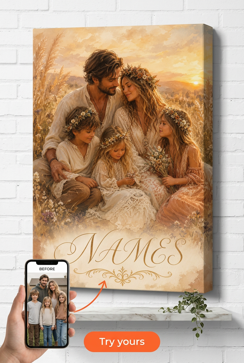 Custom Boho Family Portrait — Serene Floral Canvas from Photo