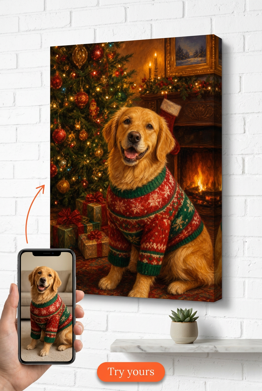 Custom Christmas Dog Portrait — Festive Pet Canvas from Photo