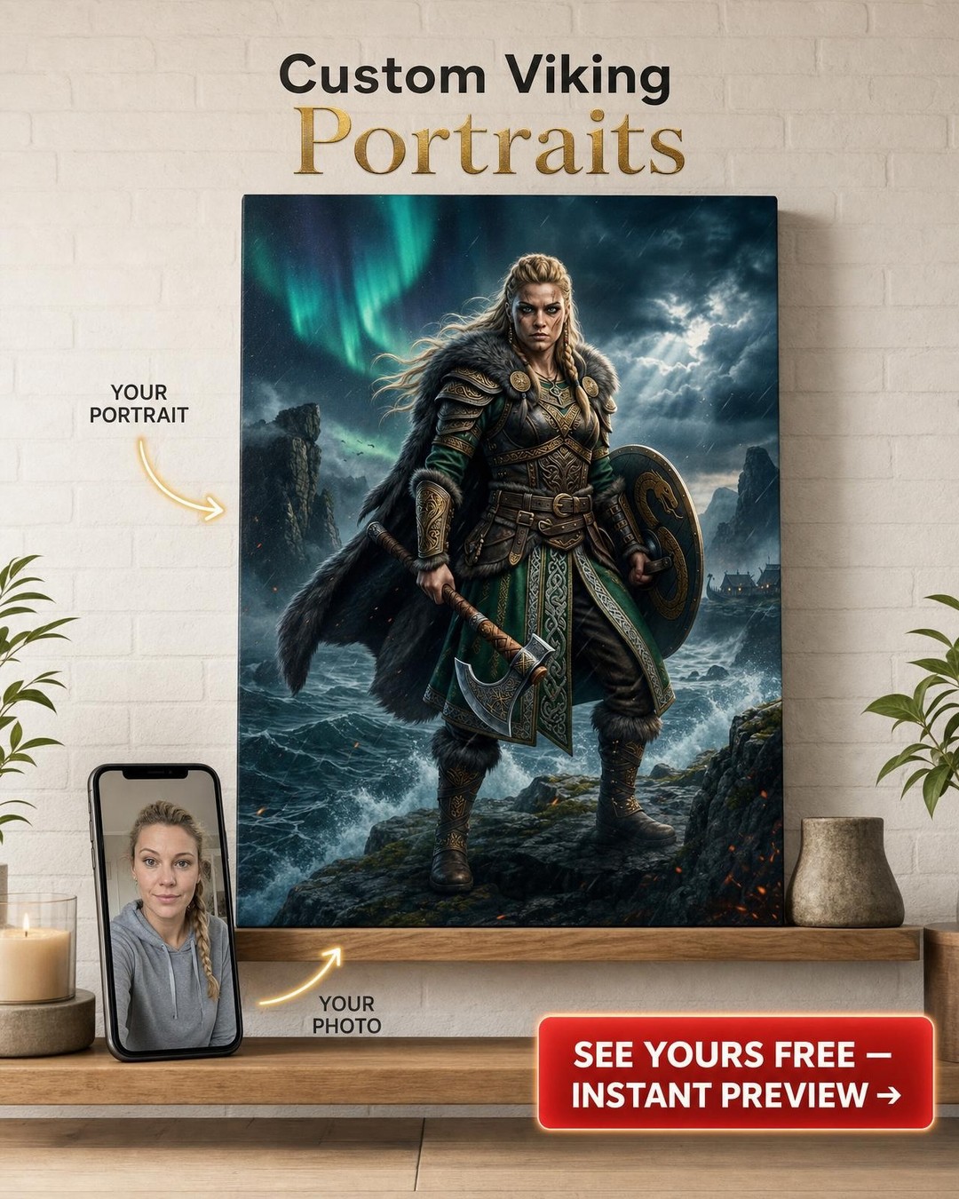 Custom Viking Man Portrait — Heroic Warrior Canvas from Photo