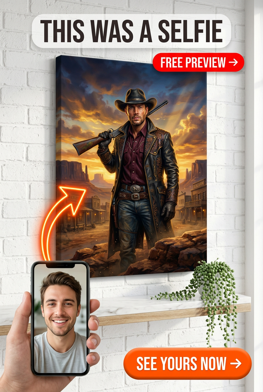 Custom Cowboy Man Portrait — Heroic Western Canvas from Photo