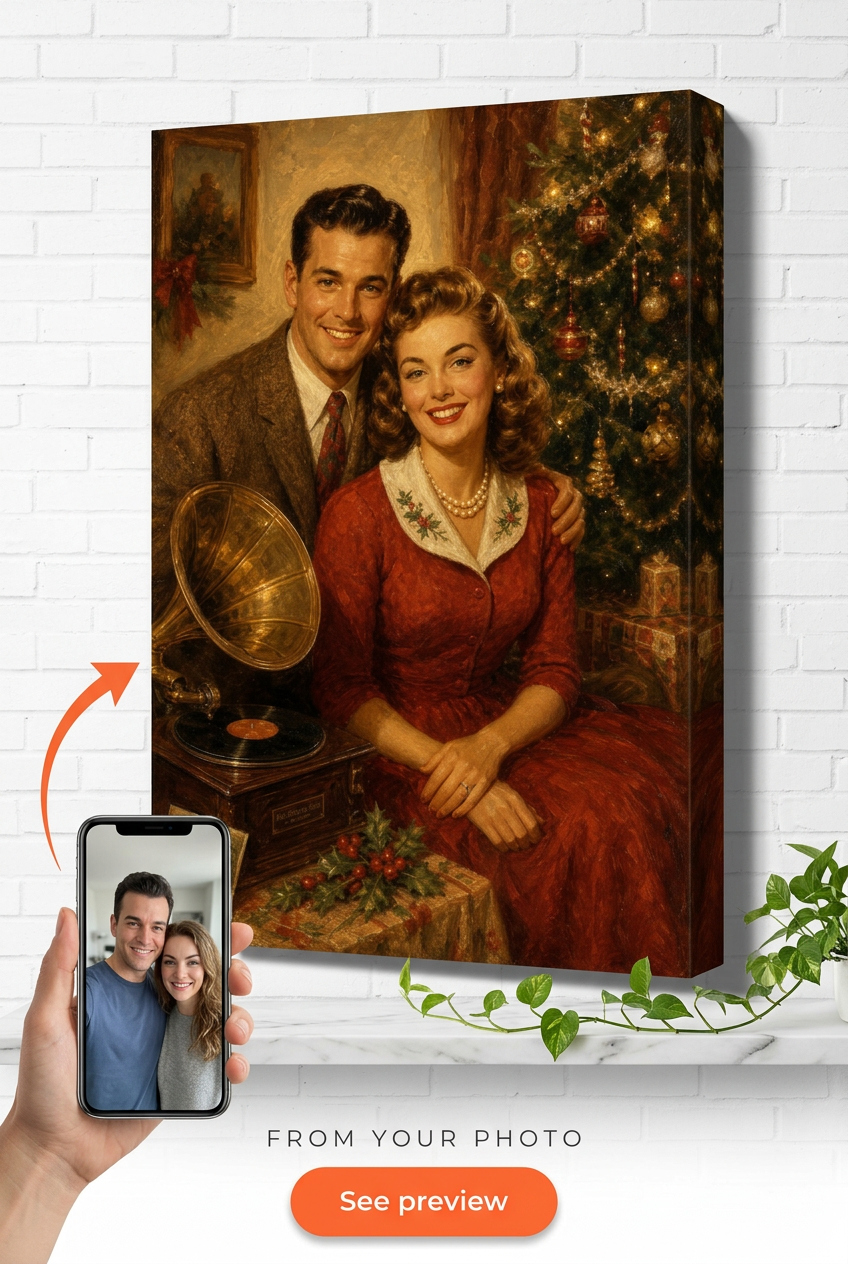 Custom Christmas Couple Portrait — Festive Holiday Canvas from Photo