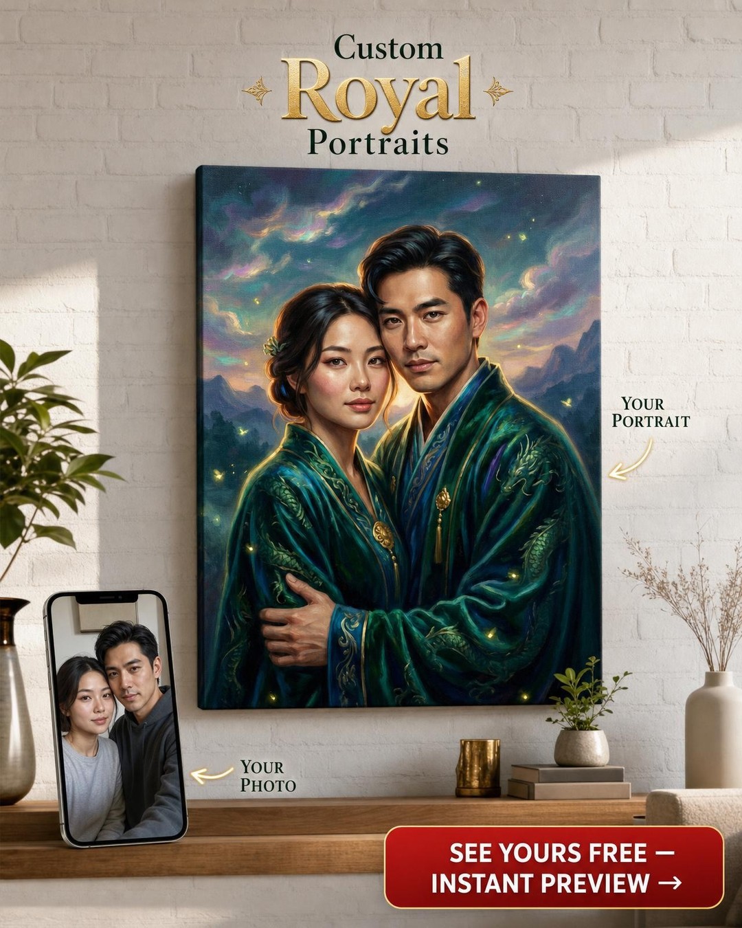 Custom Fantasy Couple Portrait — Romantic Green Robe Canvas