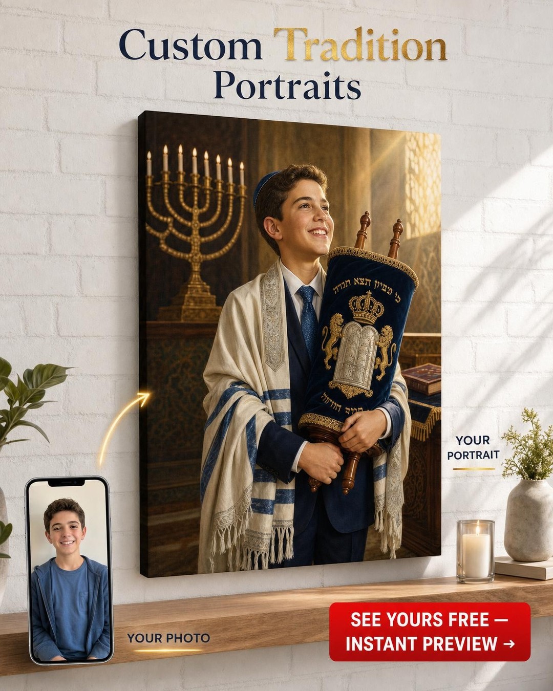 Custom Religious Man Portrait — Regal Torah & Tallit Canvas