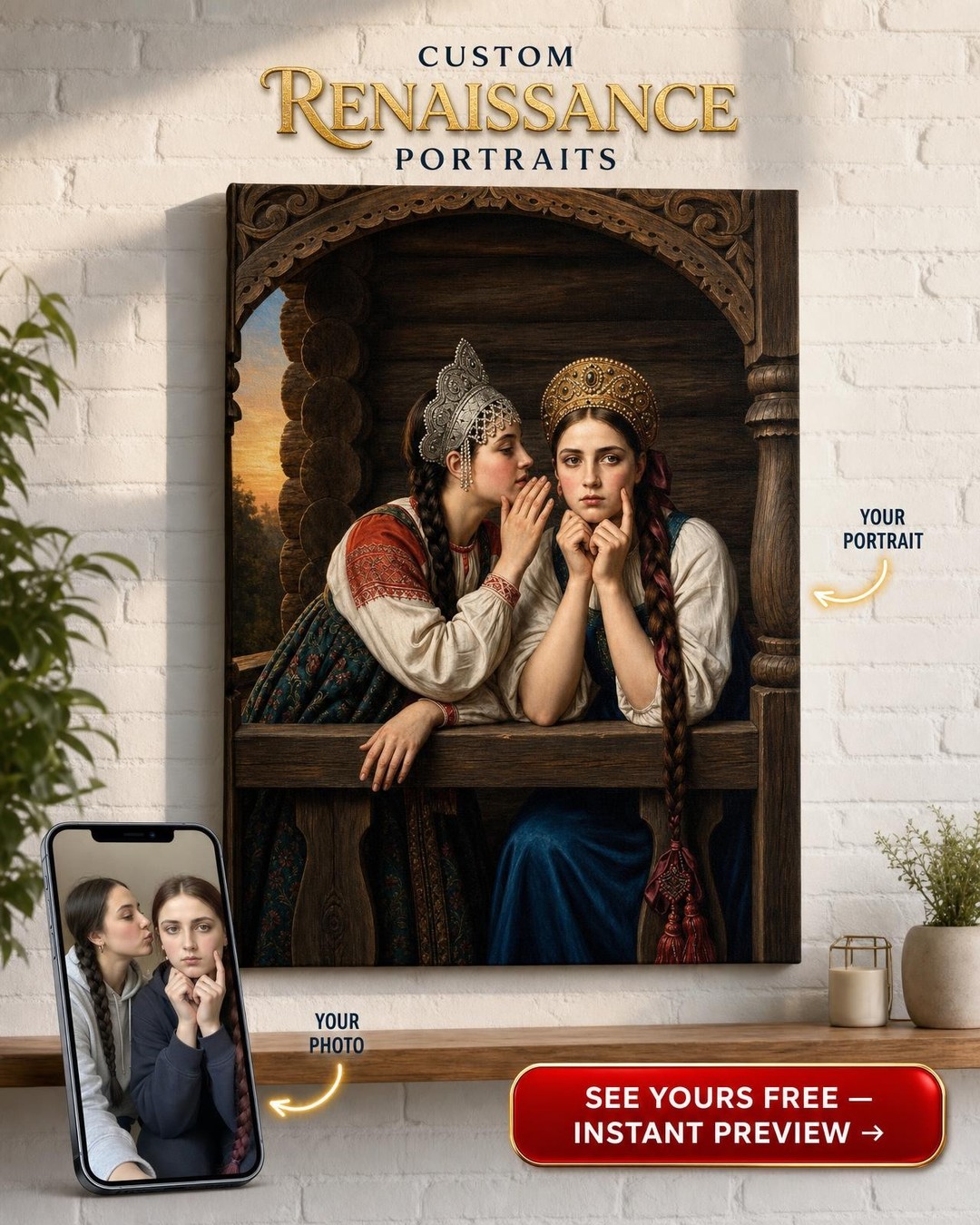 Slavic Folk Maidens Custom Portrait from Photo | Personalized Gift
