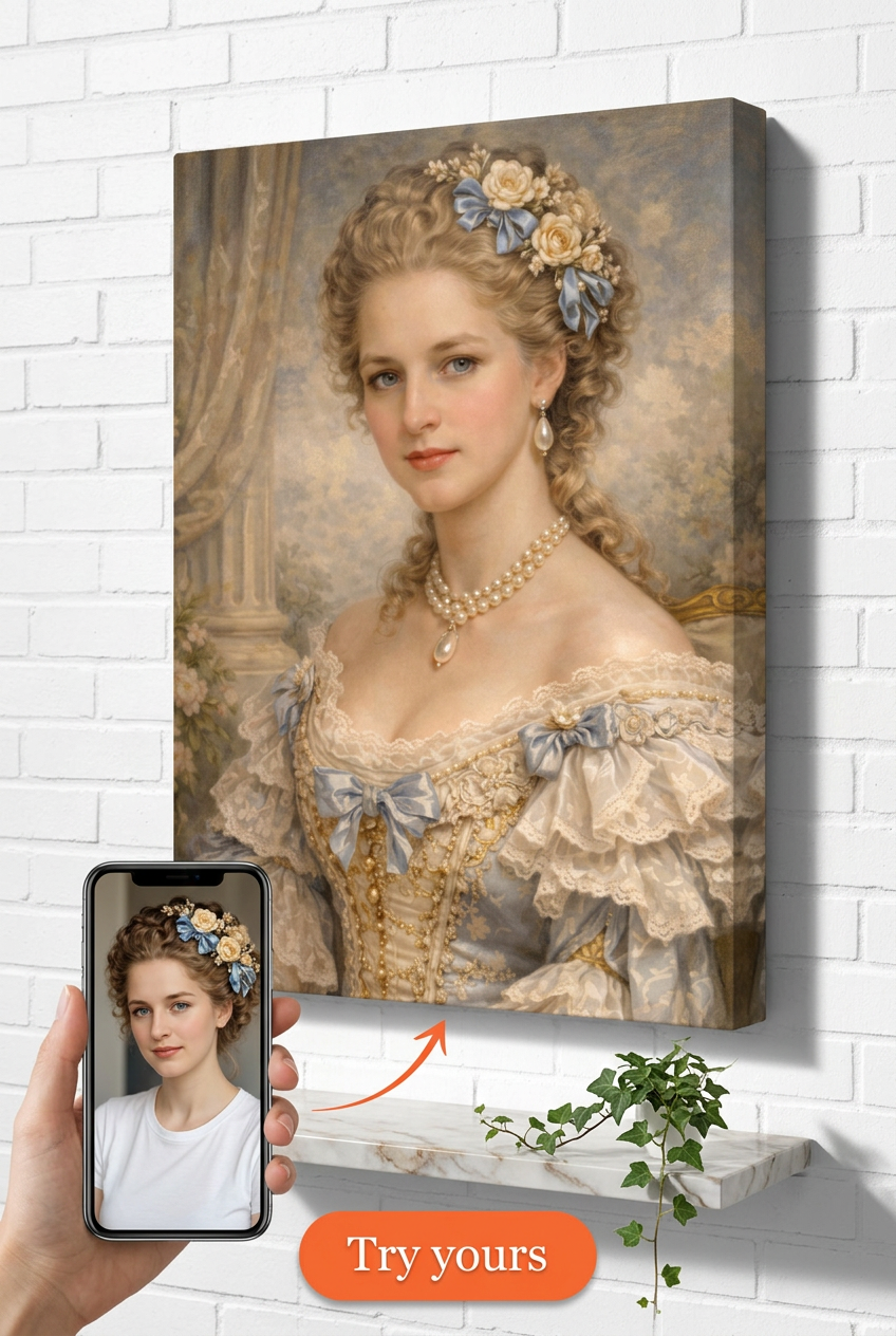 Custom Baroque Woman Portrait — Regal Floral Canvas from Photo