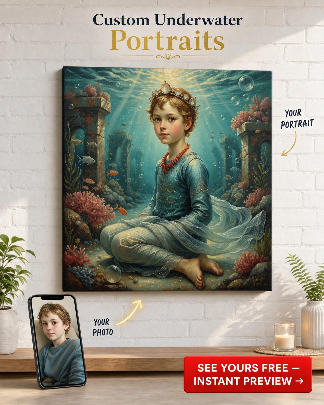 Custom Fantasy Boy Portrait — Underwater Whimsy from Photo