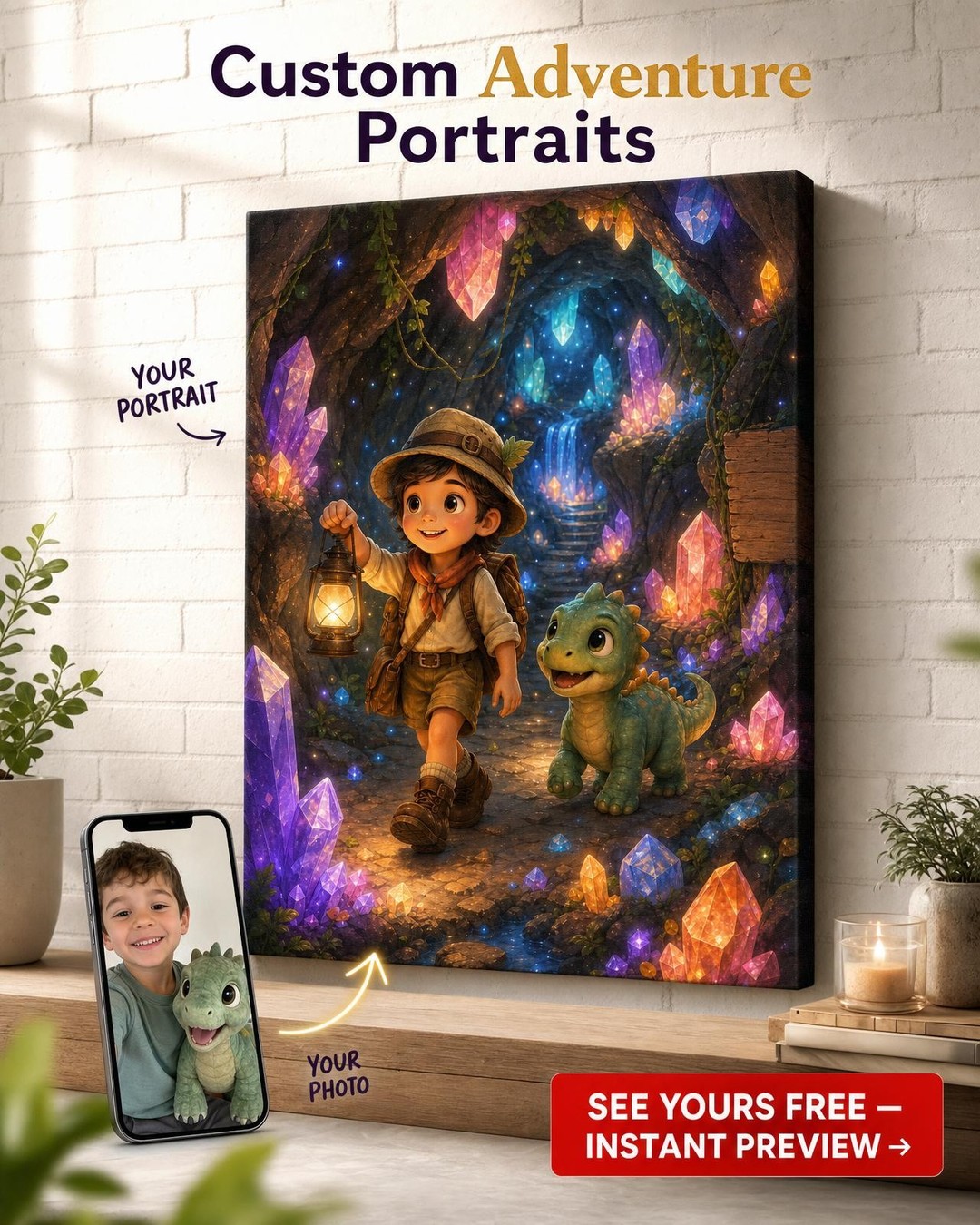 Dino Cave Explorer Custom Portrait from Photo | Personalized Canvas Gift