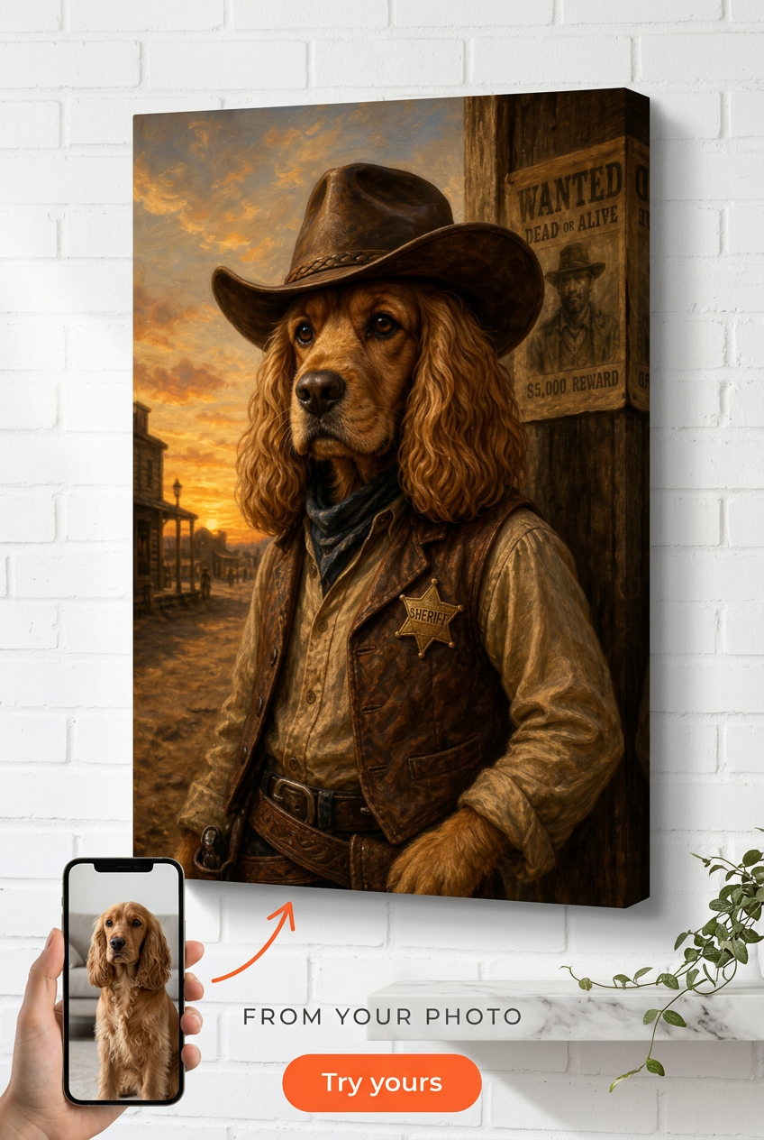Custom Cowboy Dog Portrait — Heroic Western Canvas from Photo