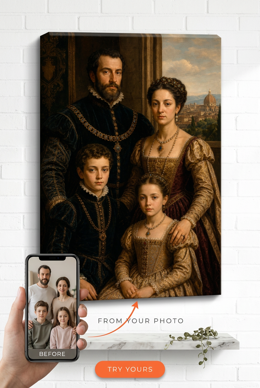 Custom Renaissance Family Portrait — Regal Crown & Throne Canvas