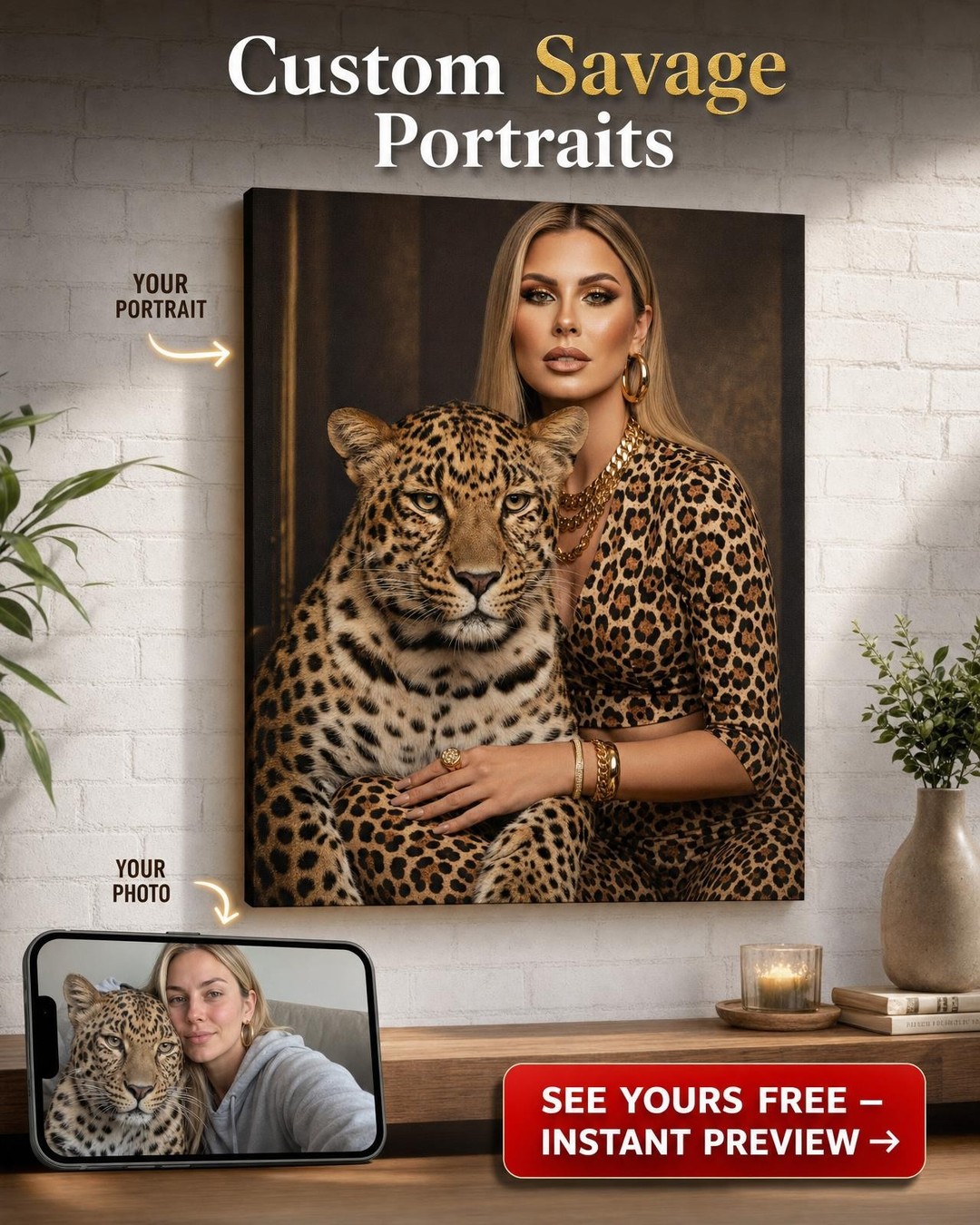 Custom Jungle Woman Portrait — Whimsical Leopard Canvas from Photo