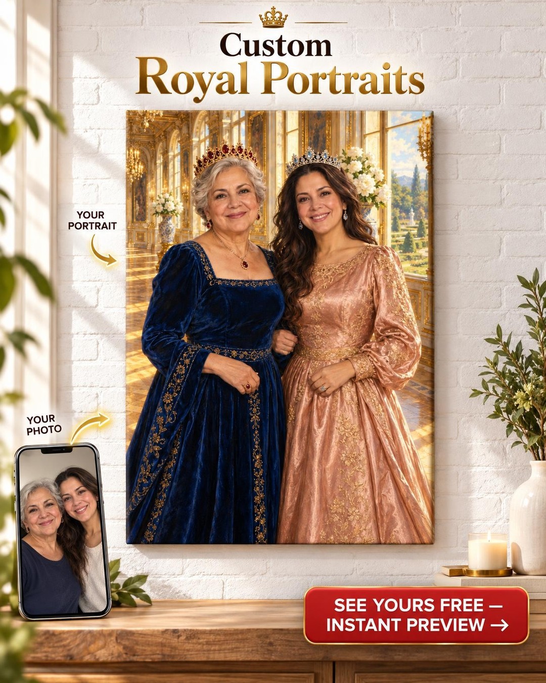 Two Queens Custom Portrait from Photo | Personalized Self Crowned Portrait Gift