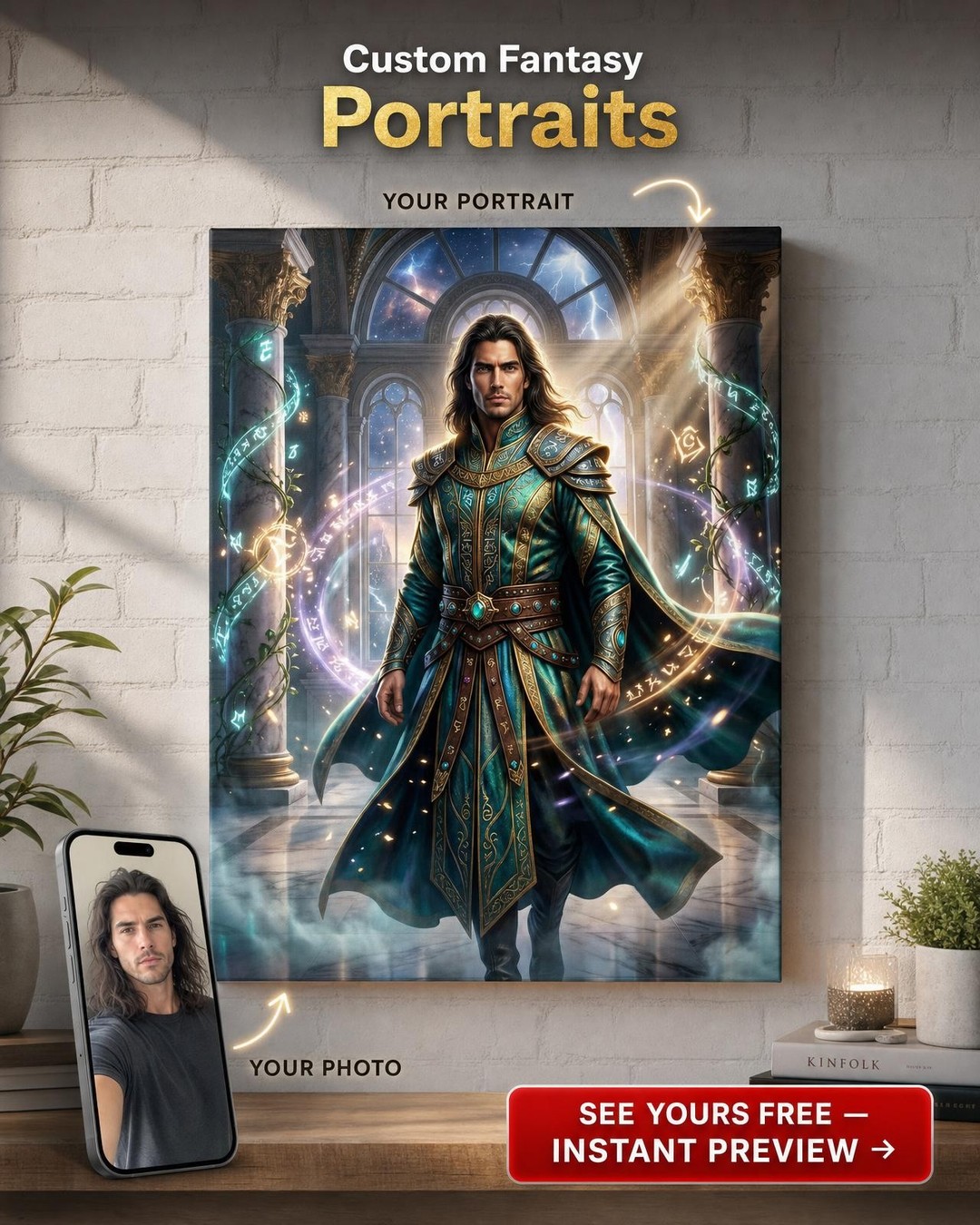 Custom Fantasy Man Portrait — Heroic Magic Warrior Canvas
