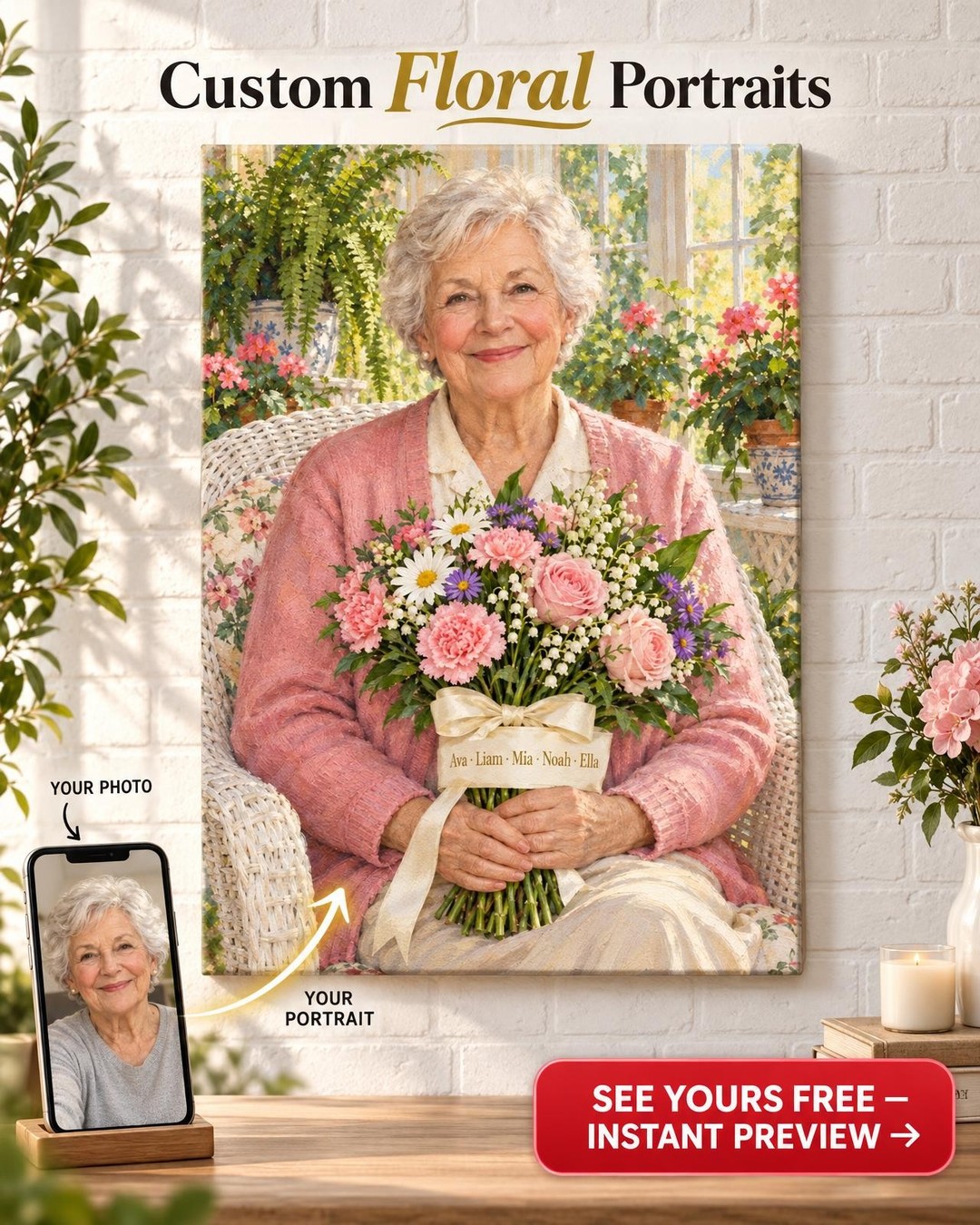 Grandma's Birth Flower Custom Portrait from Photo | Personalized Gift for Grandma