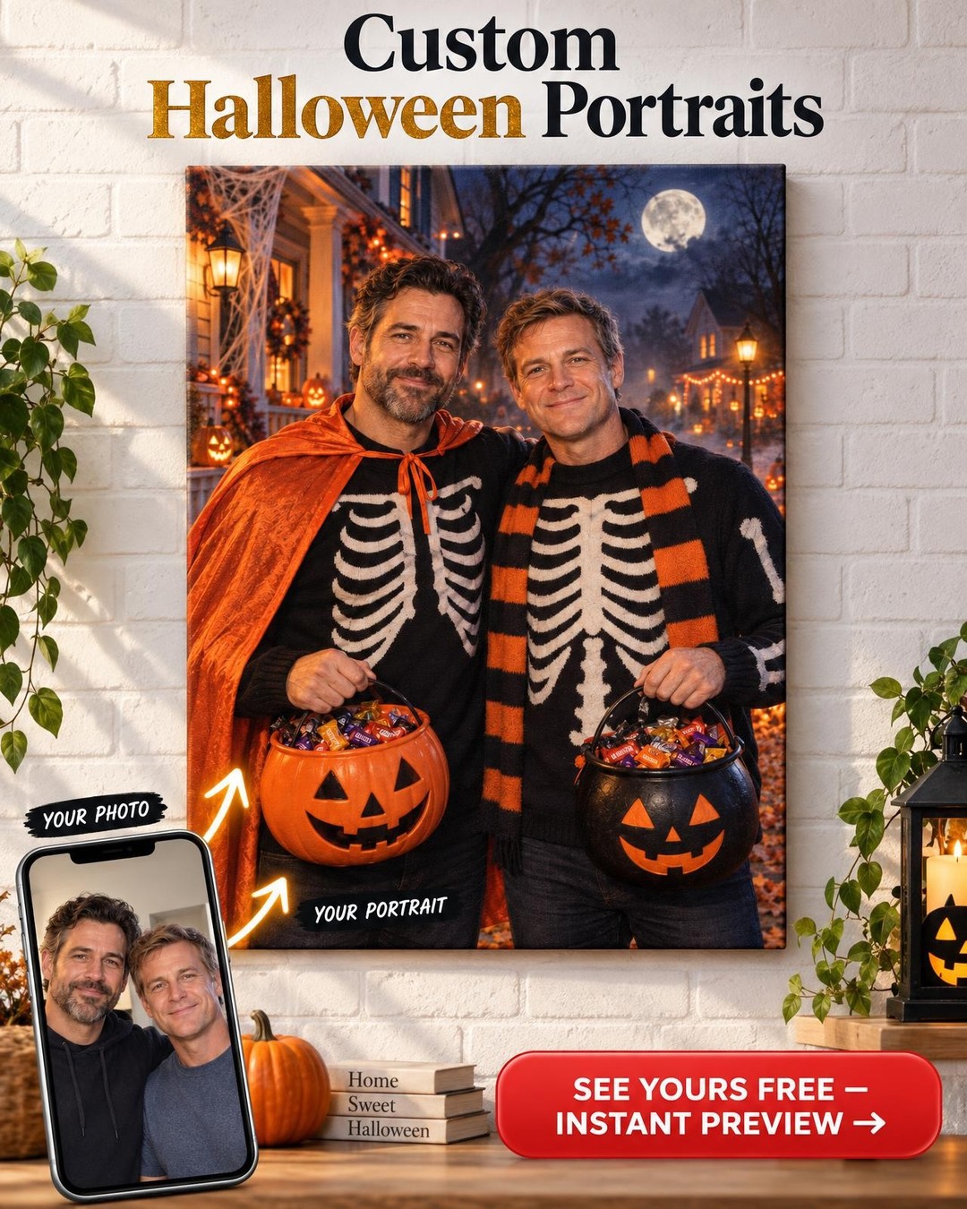 Trick-or-Treat Night Custom Portrait from Photo | Personalized for Two Men Gift