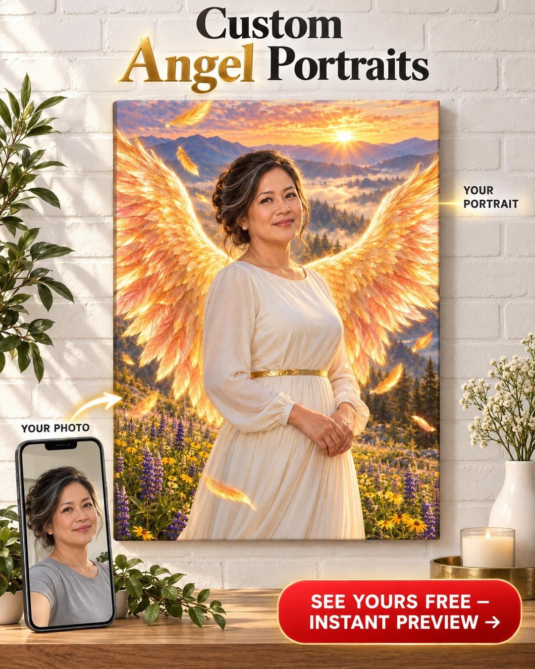 Wings of Light Custom Portrait from Photo | Personalized Phoenix Rising Gift