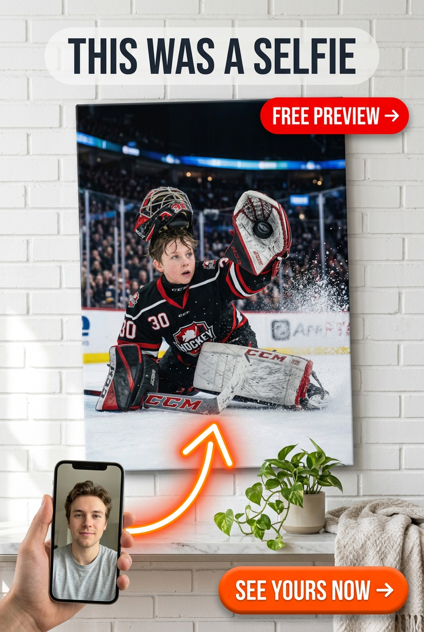 Custom Athlete Portrait — Heroic Hockey Goalie Canvas for Boys