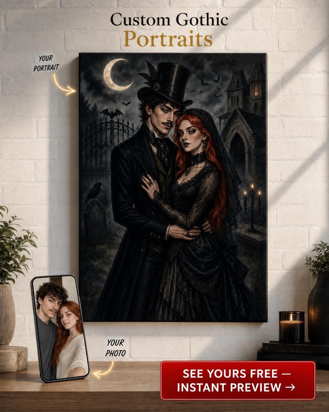 Moonlit Victorian Cemetery Couple Portrait from Photo