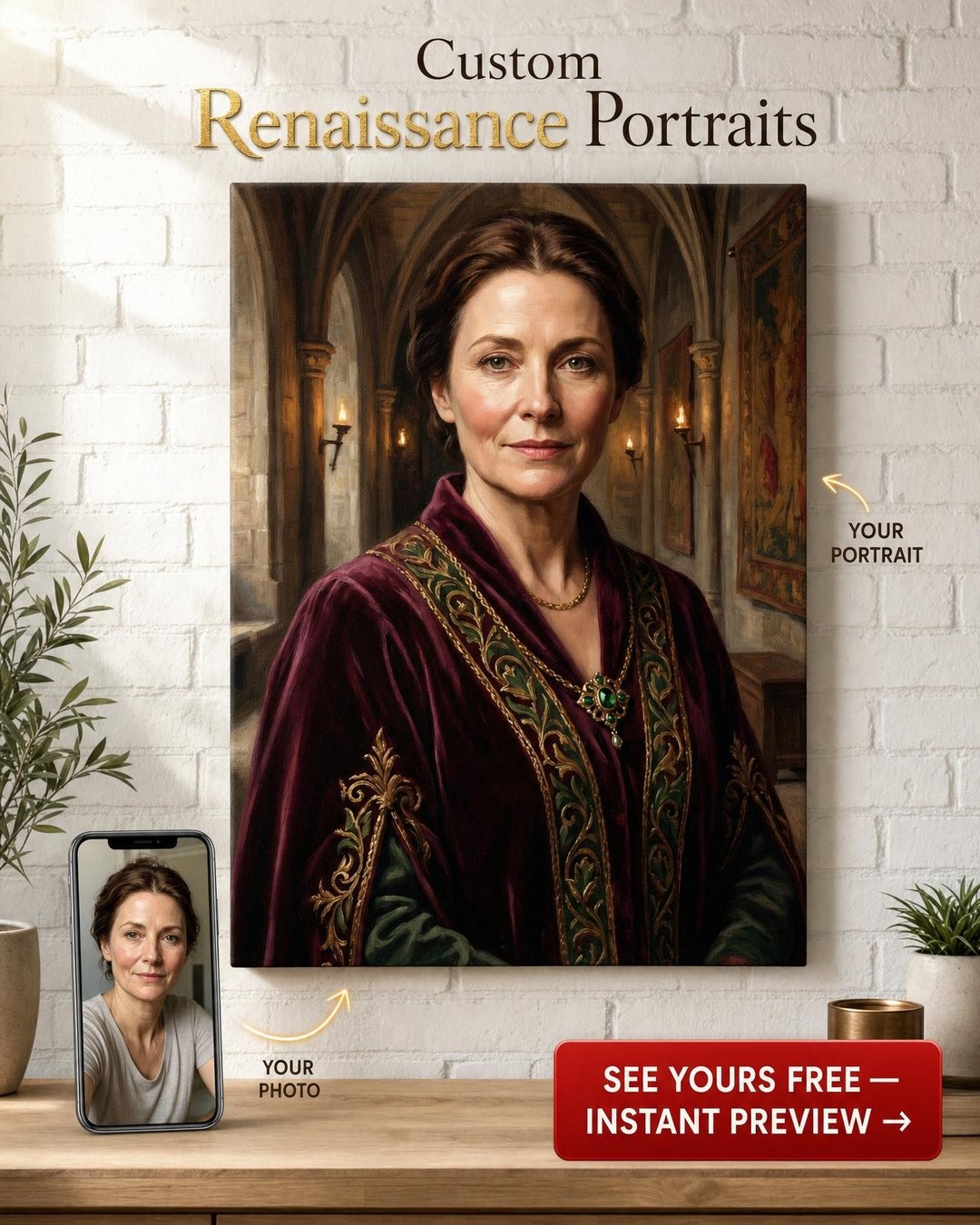 Custom Royal Woman Portrait — Regal Canvas from Photo