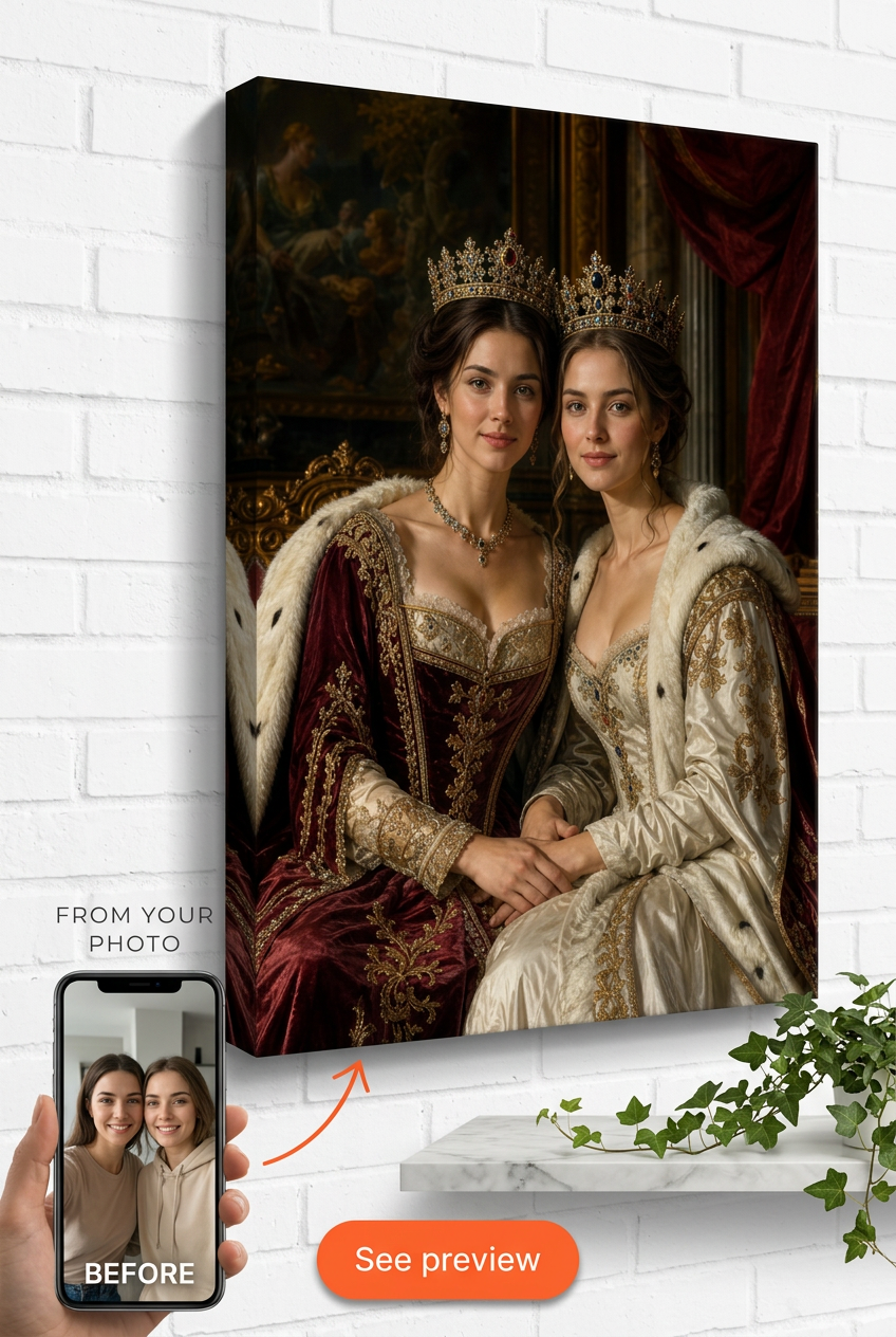 Custom Royal Couple Portrait — Regal Crown Canvas from Photo