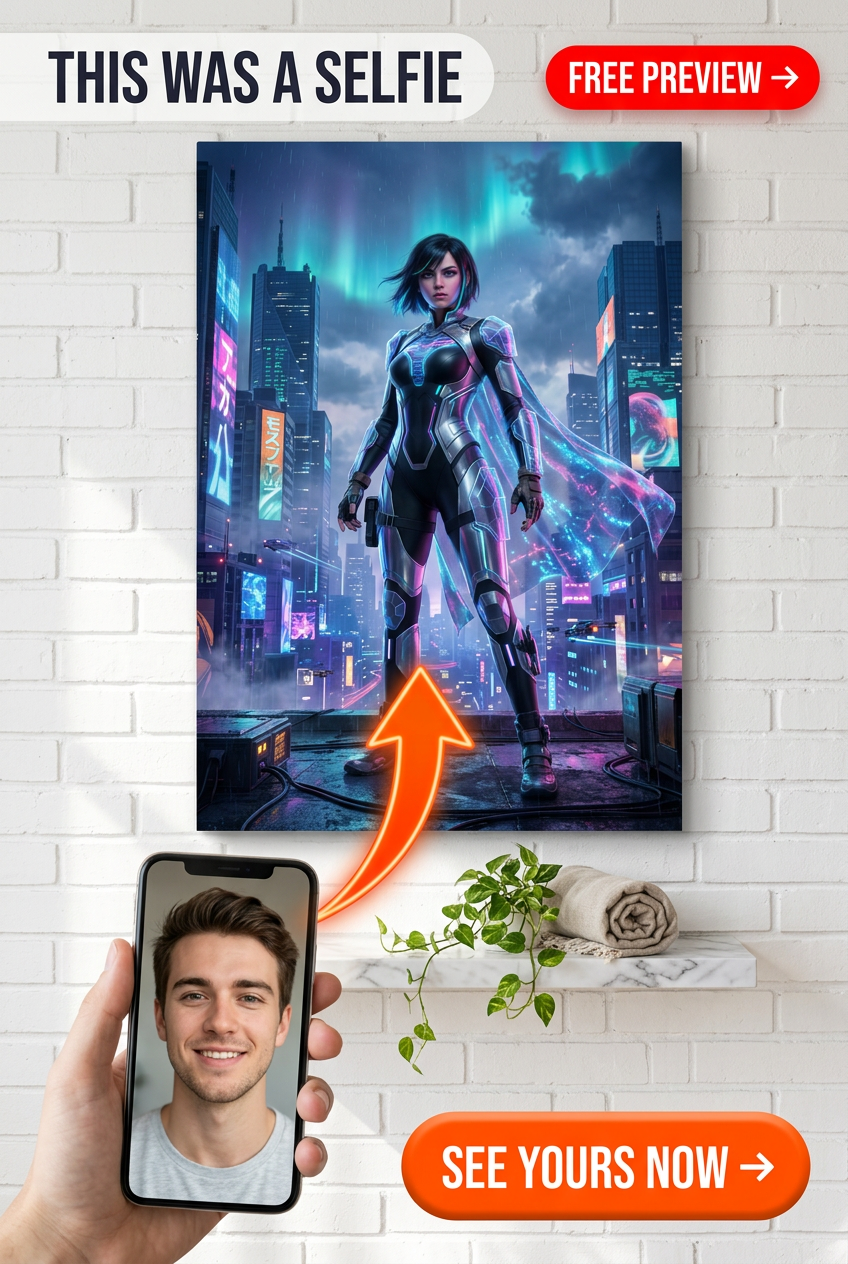 Custom Cyberpunk Man Portrait — Heroic Neon Armor Canvas