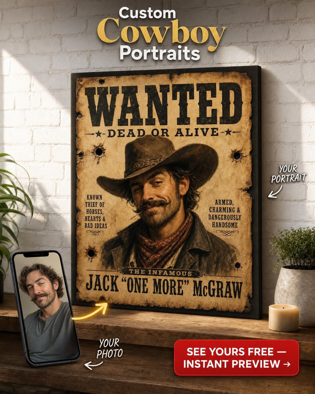 Old West Wanted Poster Custom Portrait from Photo | Personalized Canvas Gift
