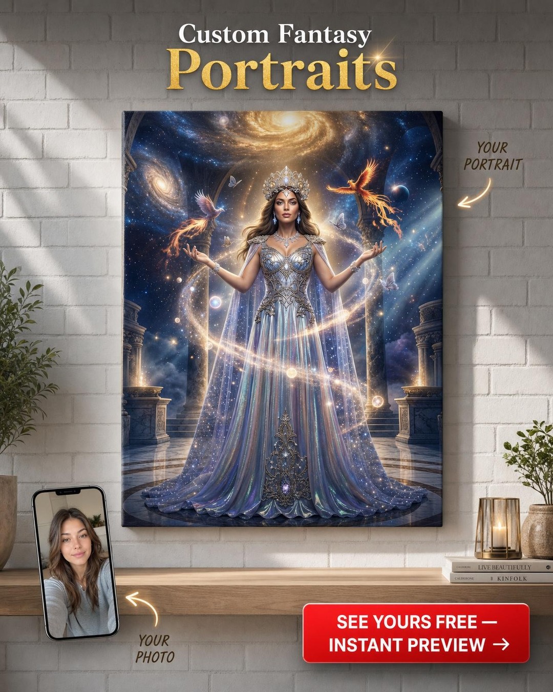 Custom Fantasy Woman Portrait — Regal Crown & Galaxy Canvas