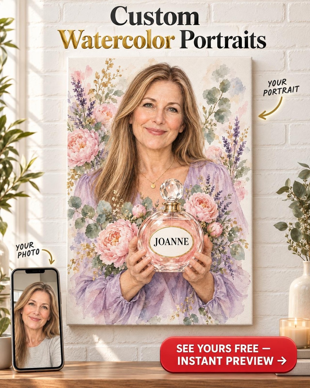 Watercolor Perfume Print Custom Portrait from Photo | Personalized Signature Scent Gift