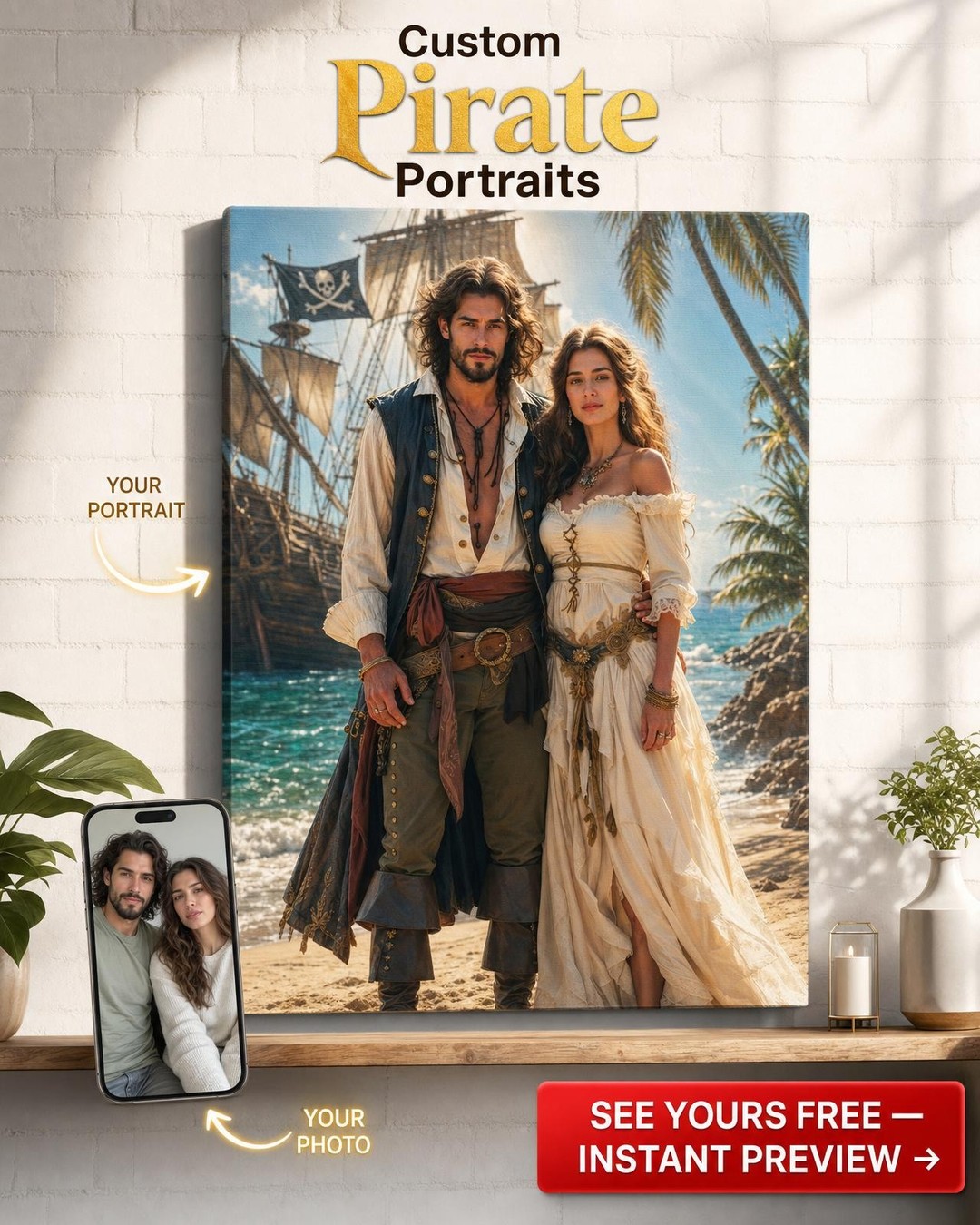 Custom Pirate Couple Portrait — Romantic Canvas