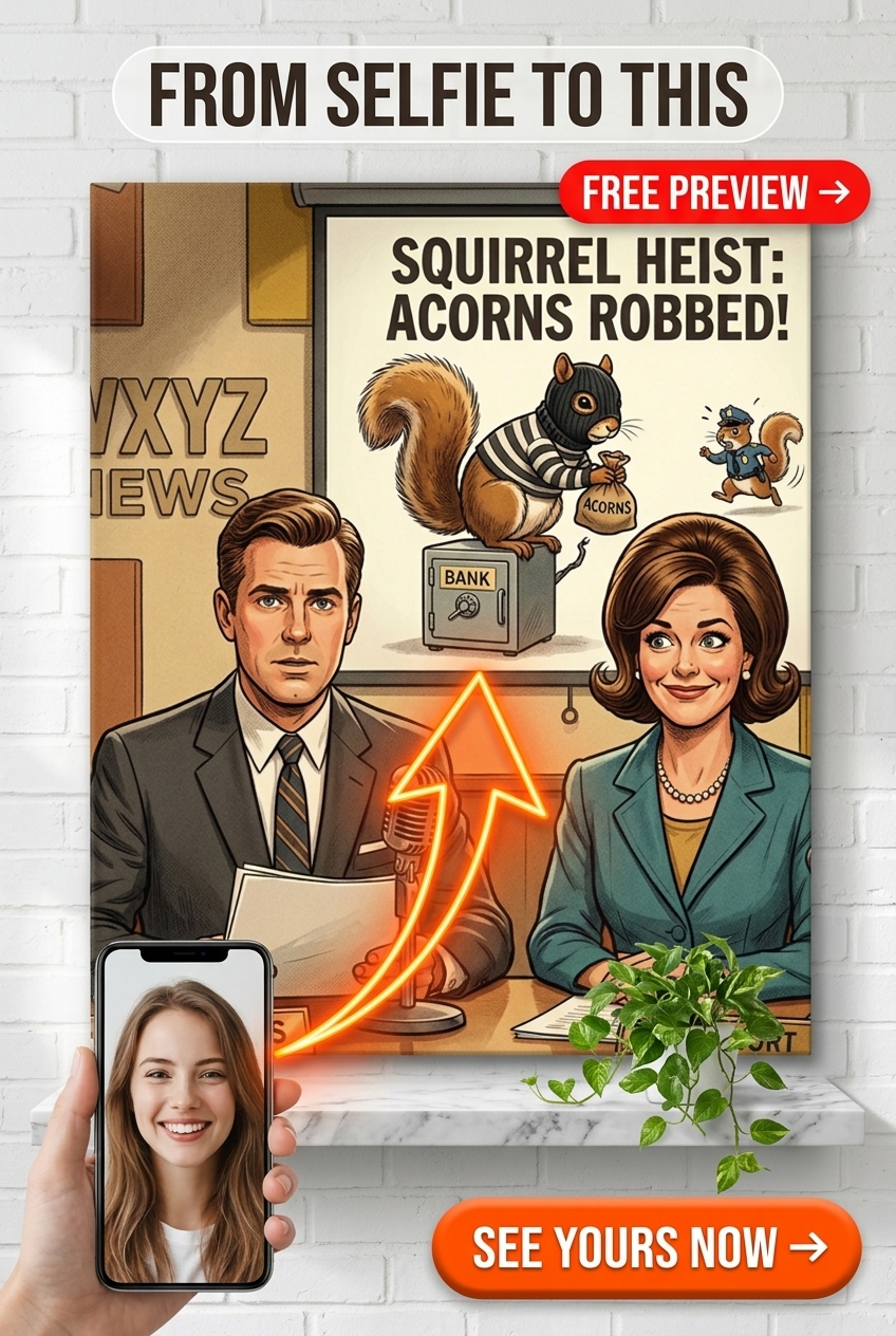 Custom Cartoon Couple Portrait — Whimsical News Anchor Canvas