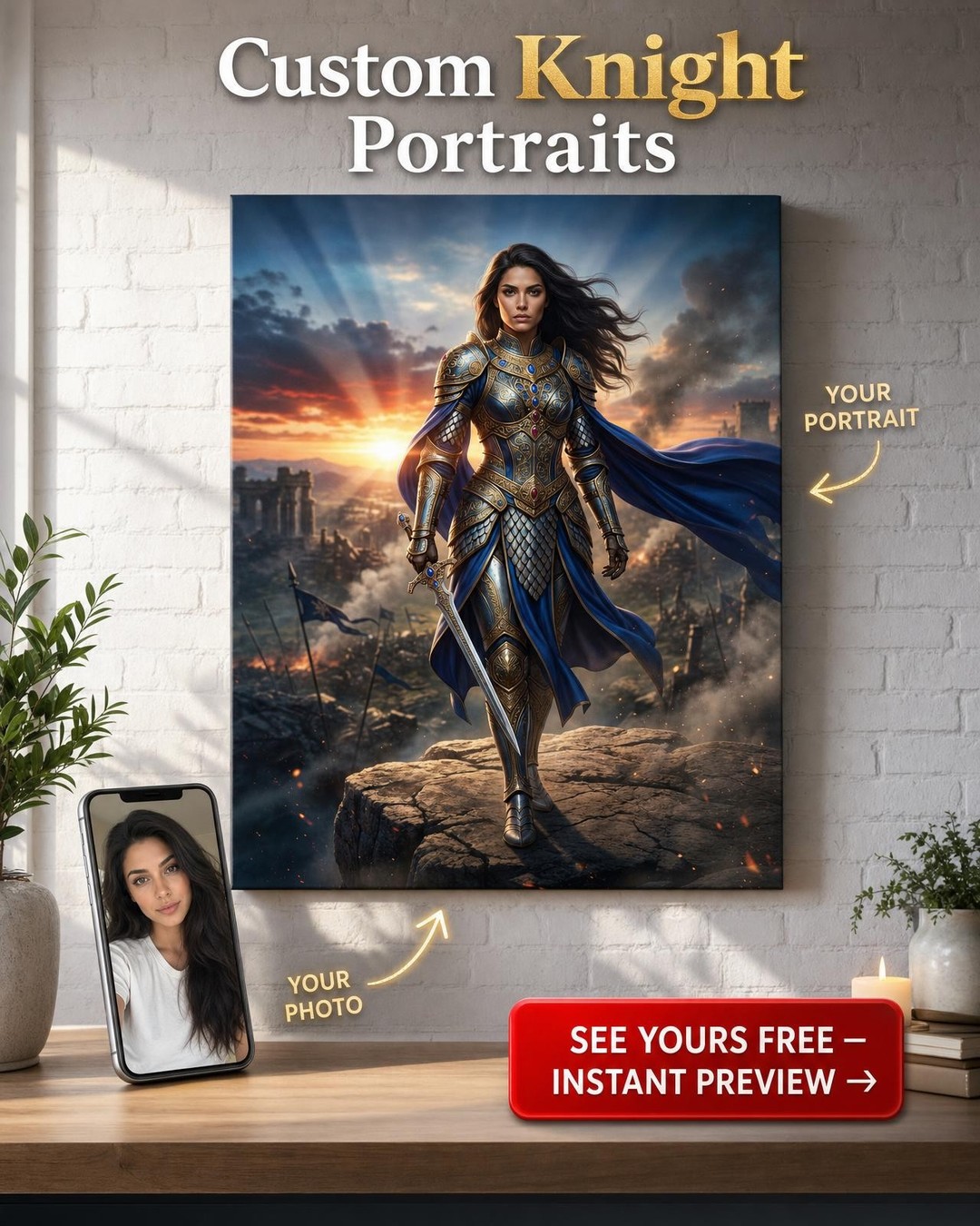 Custom Fantasy Man Portrait — Heroic Warrior Woman Canvas Gift