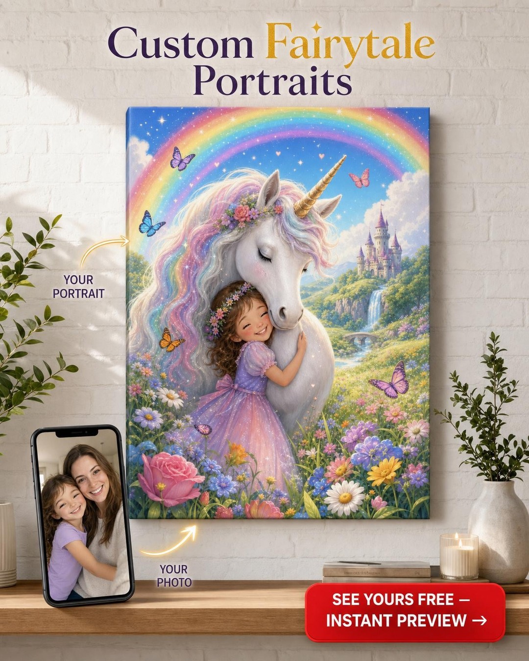 Rainbow Meadow Unicorn Custom Portrait from Photo | Personalized Canvas Gift