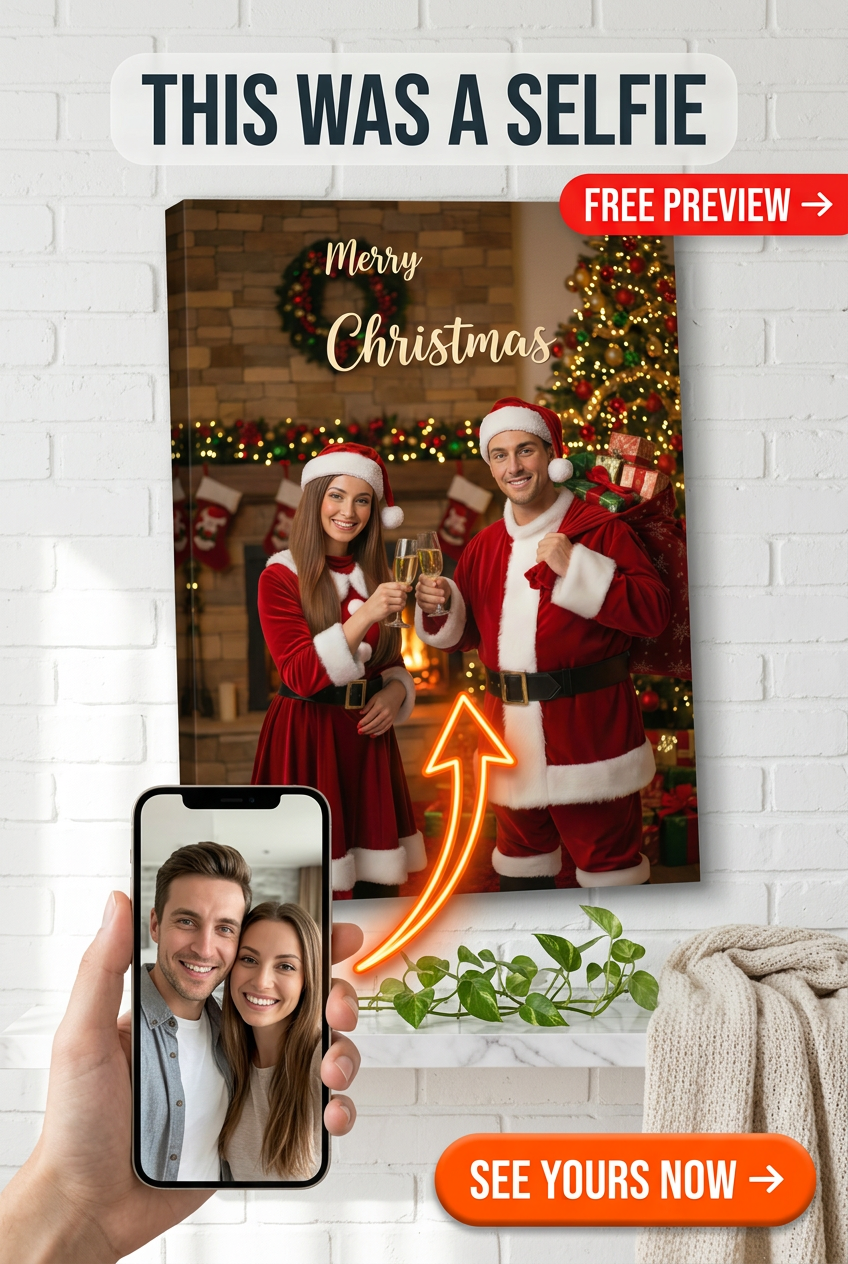 Custom Christmas Couple Portrait — Festive Holiday Canvas from Photo