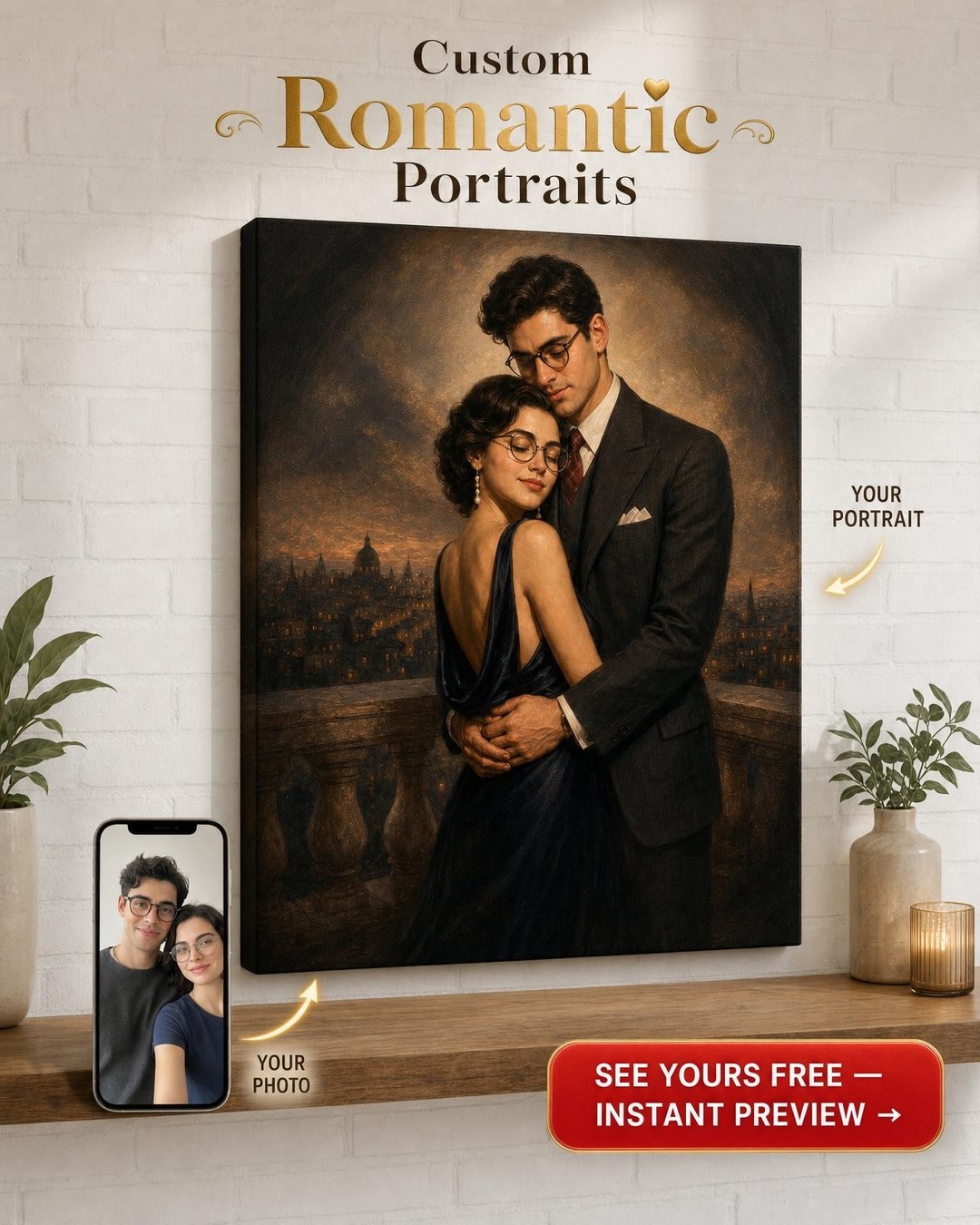 Custom 1940s Hollywood Balcony Couple Portrait from Photo | Personalized Gift