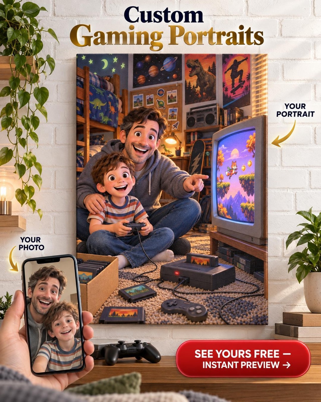 Passing the Controller Dad and Kid Retro Gamer Custom Portrait from Photo | Personalized Canvas Gift