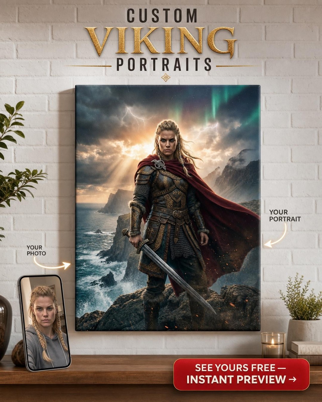 Custom Viking Man Portrait — Heroic Warrior from Photo Canvas